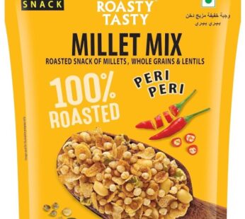 Roasty Tasty Millet Mix Peri Peri 340g | Healthy Snack of Roasted Bajra, Wheat Flakes, Moong, Masoor, Peanuts Ideal Millet Namkeen for Kids & Adults | Low Calorie Snacks – Roasted Namkeen – No Cholesterol, No Transfat Diet Mixture in Peri Peri Masala | Millet Snacks Items