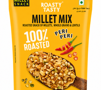 Roasty Tasty Millet Mix Peri Peri 340g | Healthy Snack of Roasted Bajra, Wheat Flakes, Moong, Masoor, Peanuts Ideal Millet Namkeen for Kids & Adults | Low Calorie Snacks – Roasted Namkeen – No Cholesterol, No Transfat Diet Mixture in Peri Peri Masala | Millet Snacks Items